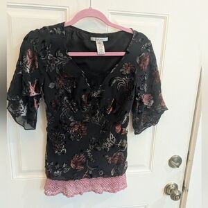 Vintage Nine West Velvet Burnout Babydoll Top Crochet Lace Hem